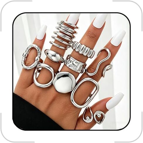 Silver Chunky Rings for Women Open Stacking Knuckle Ring Bohemian Minimalist Irregular Rings Sets Statement Jewelry Gifts in Kuwait