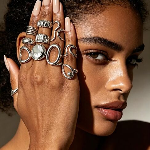 Silver Chunky Rings for Women Open Stacking Knuckle Ring Bohemian Minimalist Irregular Rings Sets Statement Jewelry Gifts in Kuwait