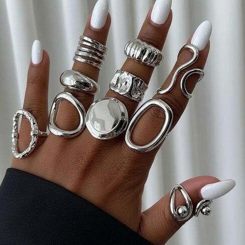 Silver Chunky Rings for Women Open Stacking Knuckle Ring Bohemian Minimalist Irregular Rings Sets Statement Jewelry Gifts in Kuwait