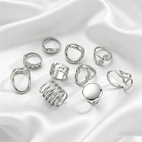 Silver Chunky Rings for Women Open Stacking Knuckle Ring Bohemian Minimalist Irregular Rings Sets Statement Jewelry Gifts in Kuwait