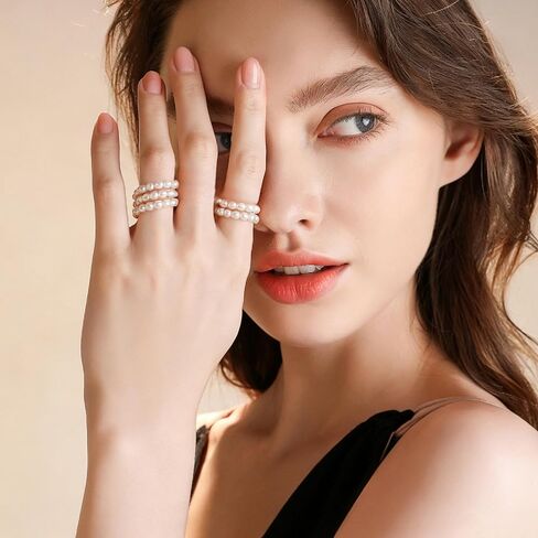 5 Pcs Faux Pearl Stretch Rings for Women, Beaded Stackable Adjustable Dainty Handmade Jewelry Band Ring in Saudi Arabia