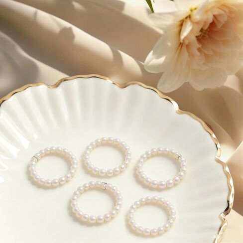 5 Pcs Faux Pearl Stretch Rings for Women, Beaded Stackable Adjustable Dainty Handmade Jewelry Band Ring in Saudi Arabia