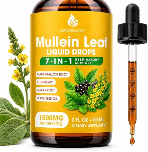 Mullein Drops for Lungs, 7-in-1 1500mg Mullein Leaf Liquid Extract for Lungs Cleanse and Respiratory Support, Lung Detox for Smokers Free Breathing, 2 Fl Oz in Saudi Arabia