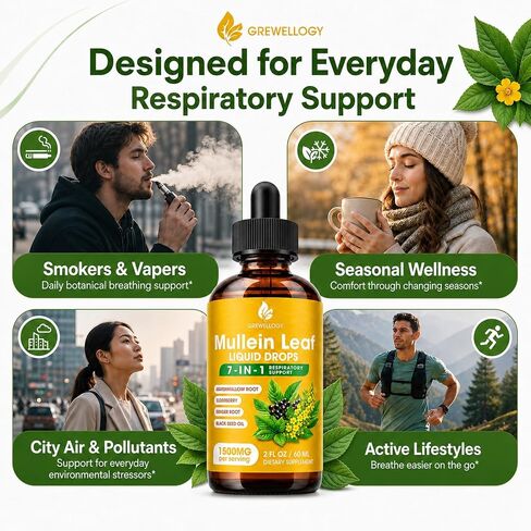 Mullein Drops for Lungs, 7-in-1 1500mg Mullein Leaf Liquid Extract for Lungs Cleanse and Respiratory Support, Lung Detox for Smokers Free Breathing, 2 Fl Oz in Saudi Arabia