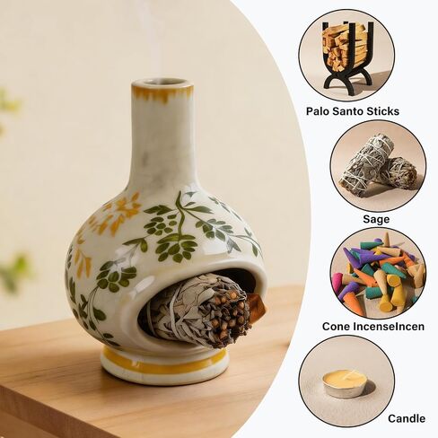 MOUGIGI Palo Santo Burner with Chimney-Unique Ceramic Incense Holder for Sage and Cones-Retro Ice Crackle Design-Perfect for Meditation,Yoga, Home Decor-Ideal Gift for Aromatherapy Lovers in Saudi Arabia