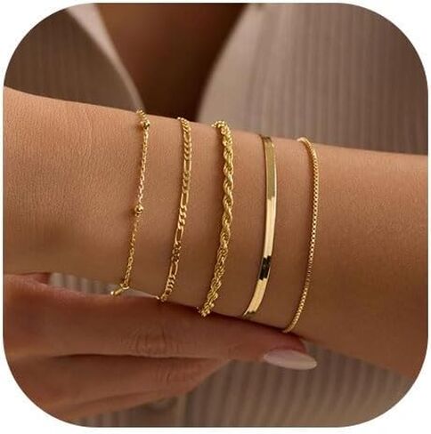 Warshion Gold Bracelets for Women Dainty 14K Gold Plated Stackable Bracelet Stack Set Trendy Thin Ring Bracelet Hand Chain Adjustable Beaded Chain Jewelry Gift Gold Accessories for Women in Kuwait