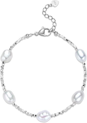 925 Sterling Silver Beaded White/Black Pearl Bracelets For Women 7-9IN Adjustable 7-9mm Natural Cultured Real Baroque/Round Pearl in Kuwait