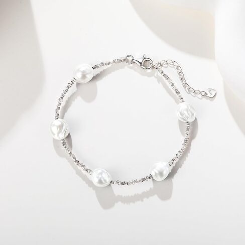 925 Sterling Silver Beaded White/Black Pearl Bracelets For Women 7-9IN Adjustable 7-9mm Natural Cultured Real Baroque/Round Pearl in Kuwait