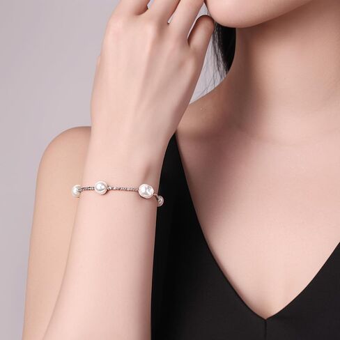 925 Sterling Silver Beaded White/Black Pearl Bracelets For Women 7-9IN Adjustable 7-9mm Natural Cultured Real Baroque/Round Pearl in Kuwait
