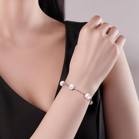 925 Sterling Silver Beaded White/Black Pearl Bracelets For Women 7-9IN Adjustable 7-9mm Natural Cultured Real Baroque/Round Pearl in Kuwait