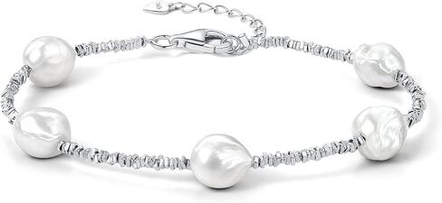 925 Sterling Silver Beaded White/Black Pearl Bracelets For Women 7-9IN Adjustable 7-9mm Natural Cultured Real Baroque/Round Pearl in Kuwait