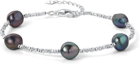 925 Sterling Silver Beaded White/Black Pearl Bracelets For Women 7-9IN Adjustable 7-9mm Natural Cultured Real Baroque/Round Pearl in Saudi Arabia