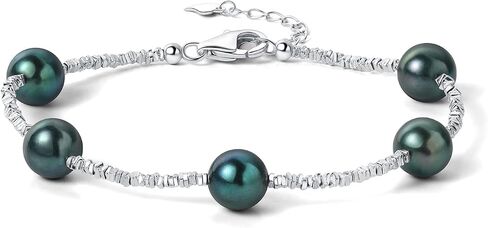 925 Sterling Silver Beaded White/Black Pearl Bracelets For Women 7-9IN Adjustable 7-9mm Natural Cultured Real Baroque/Round Pearl in Kuwait
