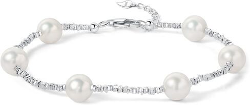 925 Sterling Silver Beaded White/Black Pearl Bracelets For Women 7-9IN Adjustable 7-9mm Natural Cultured Real Baroque/Round Pearl in Kuwait