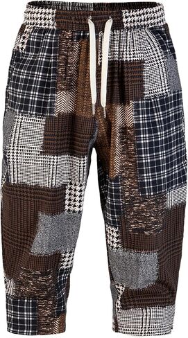 Men's Patchwork Shorts Casual Beach Hawaii Shorts Cotton 3/4 Pants with Drawstring in Saudi Arabia