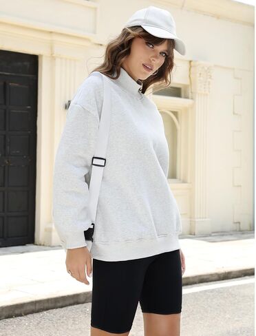 Mock Neck Sweatshirt Women Trendy Turtleneck Tops Fleece Lined Pullover Loose Long Sleeve 2025 Fall Outfit(LightHeatherGrey-M) in Kuwait