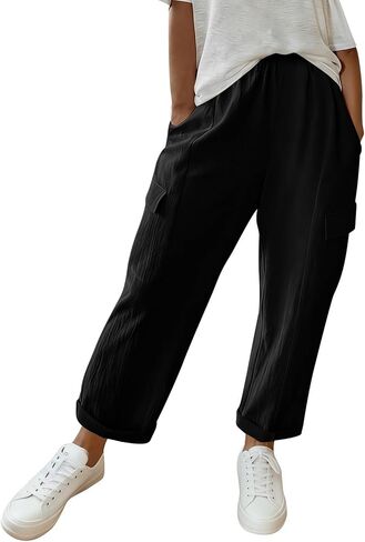 Women's Cotton Pants Elastic Waist Cropped Cargo Pants Casual Loose Rolled-Cuff Summer Lounge Trousers with Pockets in Kuwait