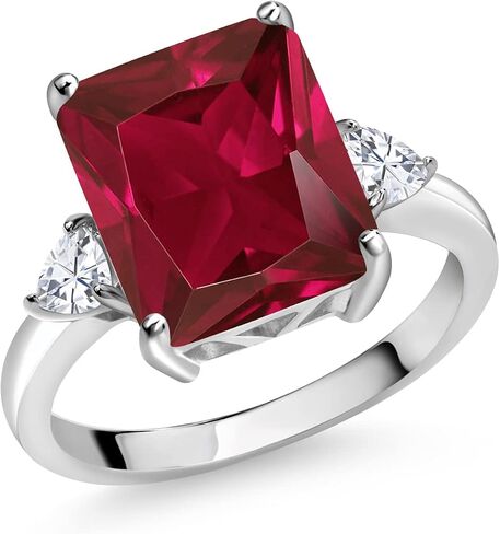 Gem Stone King 5-7 Ctw Gemstone Birthstone and Moissanite 3-Stone Ring for Women | 925 Sterling Silver | Emerald Cut 12X10MM | Wedding Anniversary Engagement Ring in Kuwait