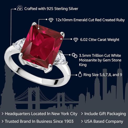 Gem Stone King 5-7 Ctw Gemstone Birthstone and Moissanite 3-Stone Ring for Women | 925 Sterling Silver | Emerald Cut 12X10MM | Wedding Anniversary Engagement Ring in Kuwait