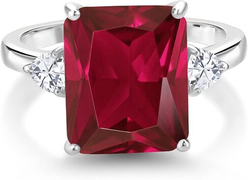 Gem Stone King 5-7 Ctw Gemstone Birthstone and Moissanite 3-Stone Ring for Women | 925 Sterling Silver | Emerald Cut 12X10MM | Wedding Anniversary Engagement Ring in Kuwait