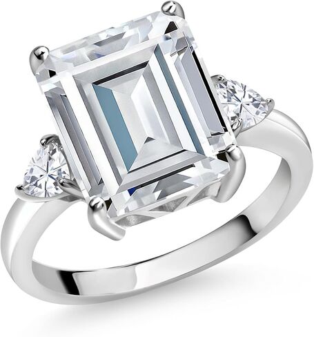 Gem Stone King 5-7 Ctw Gemstone Birthstone and Moissanite 3-Stone Ring for Women | 925 Sterling Silver | Emerald Cut 12X10MM | Wedding Anniversary Engagement Ring in Kuwait
