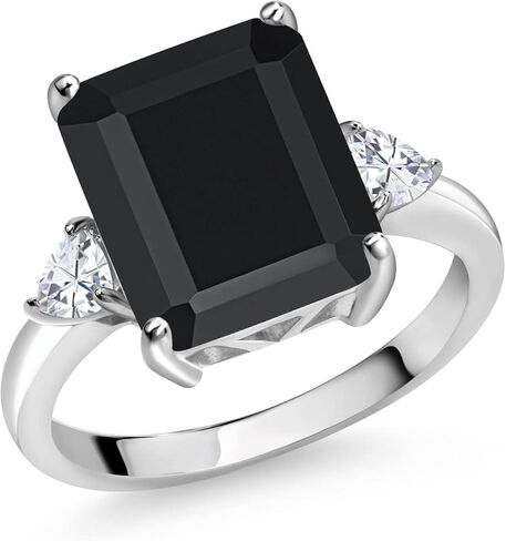 Gem Stone King 5-7 Ctw Gemstone Birthstone and Moissanite 3-Stone Ring for Women | 925 Sterling Silver | Emerald Cut 12X10MM | Wedding Anniversary Engagement Ring in Kuwait