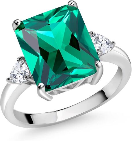 Gem Stone King 5-7 Ctw Gemstone Birthstone and Moissanite 3-Stone Ring for Women | 925 Sterling Silver | Emerald Cut 12X10MM | Wedding Anniversary Engagement Ring in Kuwait