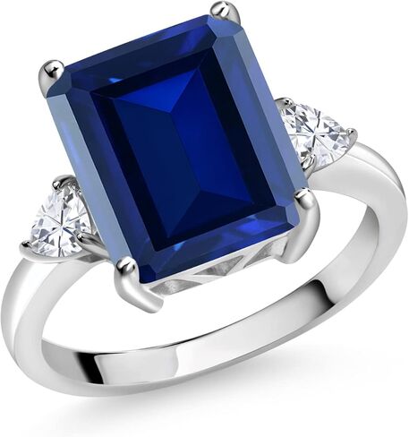 Gem Stone King 5-7 Ctw Gemstone Birthstone and Moissanite 3-Stone Ring for Women | 925 Sterling Silver | Emerald Cut 12X10MM | Wedding Anniversary Engagement Ring in Kuwait