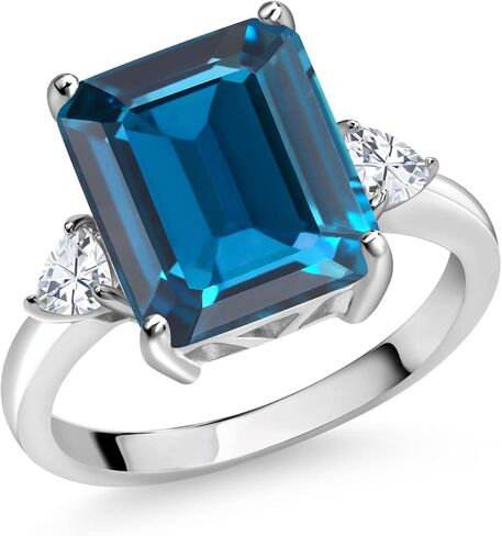 Gem Stone King 5-7 Ctw Gemstone Birthstone and Moissanite 3-Stone Ring for Women | 925 Sterling Silver | Emerald Cut 12X10MM | Wedding Anniversary Engagement Ring in Kuwait