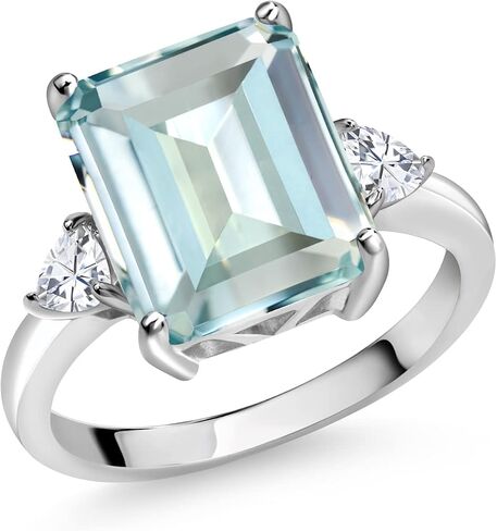 Gem Stone King 5-7 Ctw Gemstone Birthstone and Moissanite 3-Stone Ring for Women | 925 Sterling Silver | Emerald Cut 12X10MM | Wedding Anniversary Engagement Ring in Kuwait