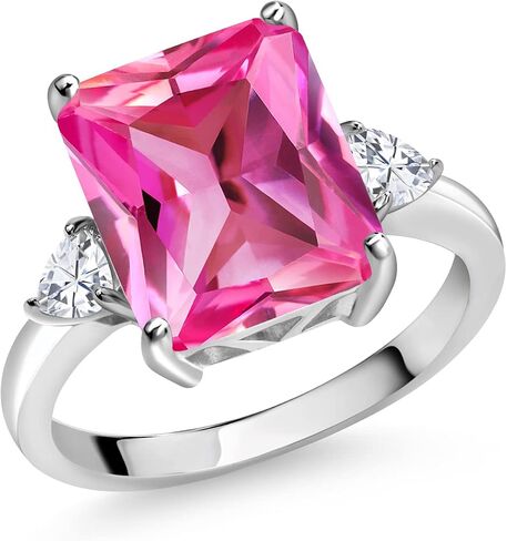 Gem Stone King 5-7 Ctw Gemstone Birthstone and Moissanite 3-Stone Ring for Women | 925 Sterling Silver | Emerald Cut 12X10MM | Wedding Anniversary Engagement Ring in Kuwait