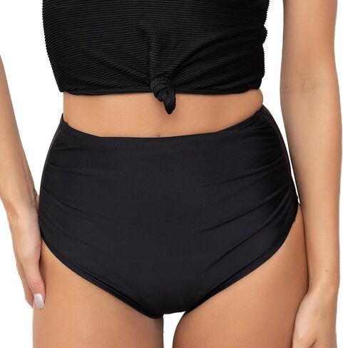 MANAVA Barefoot Bottom Black Women’s Mid Rise Ruched Bikini Bottom, Fully Lined Swim Bottoms Moderate Coverage - (XXS - 3XL) in Kuwait