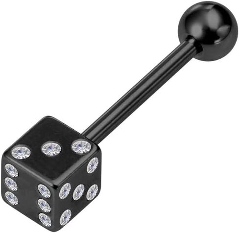 14G الفولاذ المقاوم للصدأ النرد حلقات اللسان للنساء الرجال صغيرة تشيكوسلوفاكيا معبد اللسان الحديد بيان ثقب اللسان مجوهرات 16 مللي متر الذهب والفضة الأسود in Kuwait