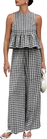 Womens 2 Piece Outfits Sets Gingham Plaid Sleeveless Ruffle Tank Tops and Wide Leg Pants Summer Matching Lounge Sets in Saudi Arabia