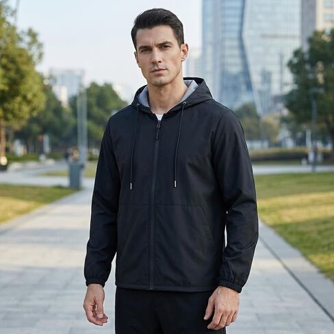 Men's Lightweight Windbreaker Waterproof Raincoat Hooded Jacket Casual Outdoor Active Zip Up Windproof Running Coat in Saudi Arabia