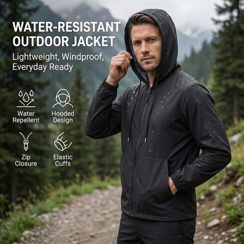 Men's Lightweight Windbreaker Waterproof Raincoat Hooded Jacket Casual Outdoor Active Zip Up Windproof Running Coat in Saudi Arabia