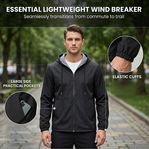 Men's Lightweight Windbreaker Waterproof Raincoat Hooded Jacket Casual Outdoor Active Zip Up Windproof Running Coat in Saudi Arabia