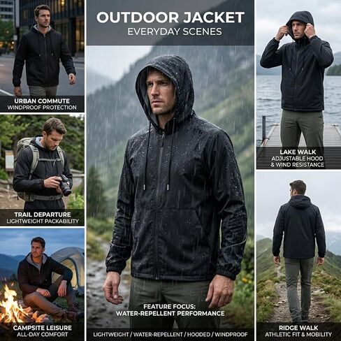 Men's Lightweight Windbreaker Waterproof Raincoat Hooded Jacket Casual Outdoor Active Zip Up Windproof Running Coat in Saudi Arabia