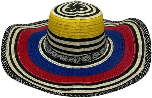 Sombrero Vueltiao كولومبي للجنسين - Sombrero de Paja Tejida Poliéster Ala Ancha Protección Solar. (Tejido Tricolor) مستورد من كولومبيا. متعدد in Kuwait