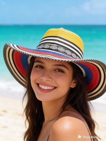 Sombrero Vueltiao كولومبي للجنسين - Sombrero de Paja Tejida Poliéster Ala Ancha Protección Solar. (Tejido Tricolor) مستورد من كولومبيا. متعدد in Kuwait