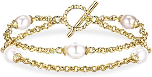 Gold Pearl Bracelet for Women, REAL 14K Gold Plated Double Layered Dainty Pearls Bracelet, Elegant Stackable Flower Jewelry Gift for Her with OT Clasp in Saudi Arabia