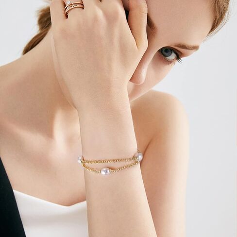 Gold Pearl Bracelet for Women, REAL 14K Gold Plated Double Layered Dainty Pearls Bracelet, Elegant Stackable Flower Jewelry Gift for Her with OT Clasp in Saudi Arabia