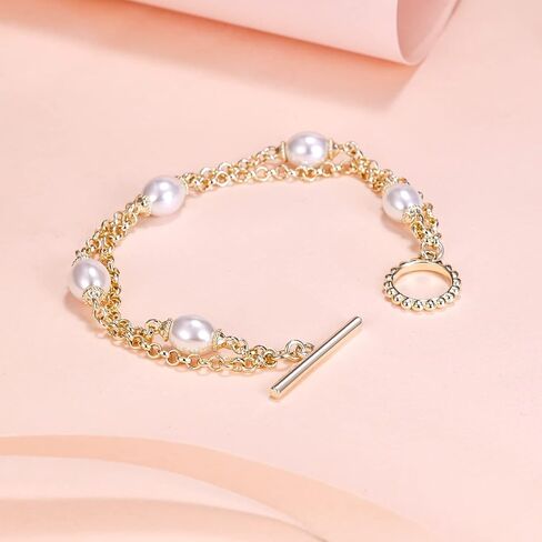 Gold Pearl Bracelet for Women, REAL 14K Gold Plated Double Layered Dainty Pearls Bracelet, Elegant Stackable Flower Jewelry Gift for Her with OT Clasp in Saudi Arabia