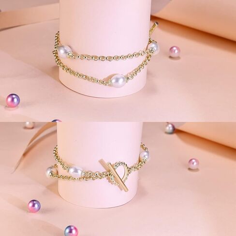 Gold Pearl Bracelet for Women, REAL 14K Gold Plated Double Layered Dainty Pearls Bracelet, Elegant Stackable Flower Jewelry Gift for Her with OT Clasp in Saudi Arabia