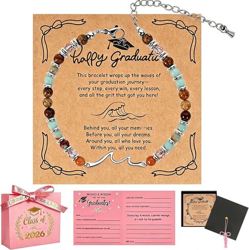 2026 Graduation Gift for Her, Stainless Steel Wave Bracelet with 4mm Natural Stones, Graduation Bracelets for Women with Graduation Cap Box, Inspirational Cards, Tassel & Gift Bag for Women Girls Graduation Gifts in Saudi Arabia