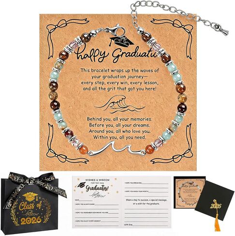 2026 Graduation Gift for Her, Stainless Steel Wave Bracelet with 4mm Natural Stones, Graduation Bracelets for Women with Graduation Cap Box, Inspirational Cards, Tassel & Gift Bag for Women Girls Graduation Gifts in Saudi Arabia
