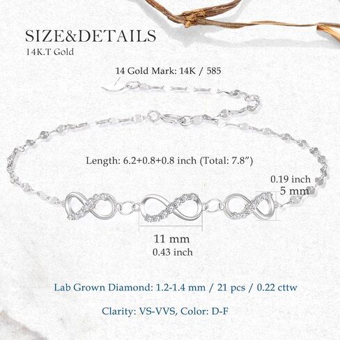 أساور SISGEM 14k Gold Lab Grown Diamond Infinity للنساء، هدايا مجوهرات ذهبية حقيقية 14kt لها 6.2-7.8 بوصة in Kuwait