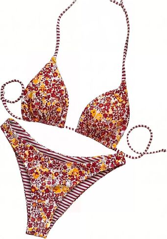 WDIRARA Women's Floral Striped 2 Piece Swimsuit Halter Triangle Bikini Sets Reversible Bathing Suits in Kuwait