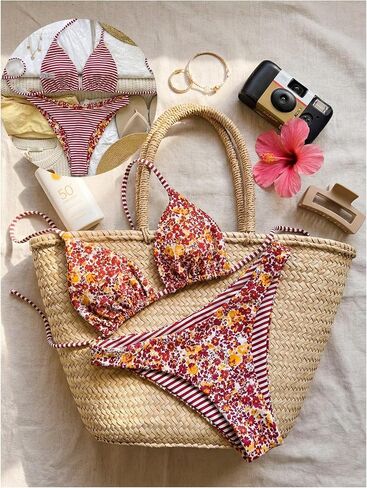 WDIRARA Women's Floral Striped 2 Piece Swimsuit Halter Triangle Bikini Sets Reversible Bathing Suits in Kuwait
