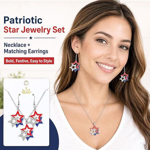 4th of July Earrings for Women Patriotic Red White Blue American Flag Star Dangle Earrings Pendant Necklace 4th of July Accessories Independence Day Jewelry Set 250 Anniversary USA Outfits Gifts in Saudi Arabia
